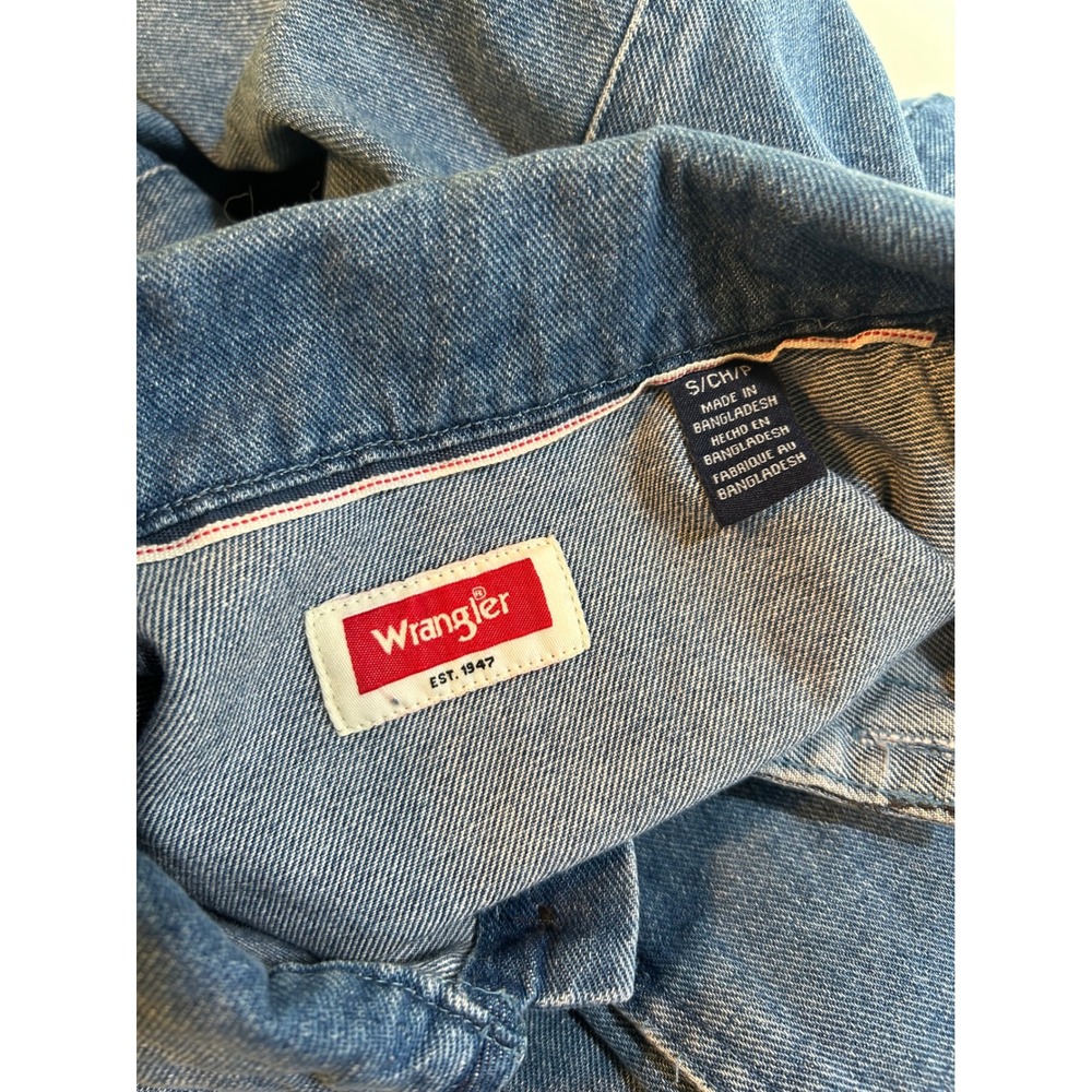 Wrangler Mens Denim Shirt Jacket Blue Cotton Button Up Elbow Patches Size Small - Picture 6 of 6